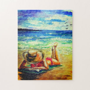 Schilderij Puzzel Vrouw op het Strand