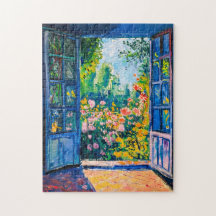 Schilderij terras uitzicht op bloementuin