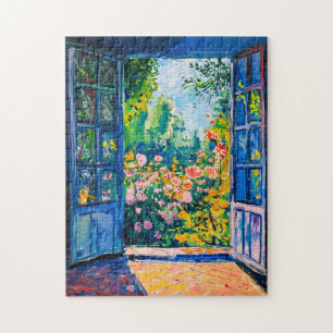 Schilderij terras uitzicht op bloementuin legpuzzel