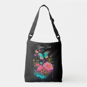 schilderij turquoise vlinders schattige roze bloem crossbody tas