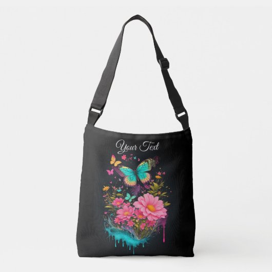 schilderij turquoise vlinders schattige roze bloem crossbody tas (Voorkant)