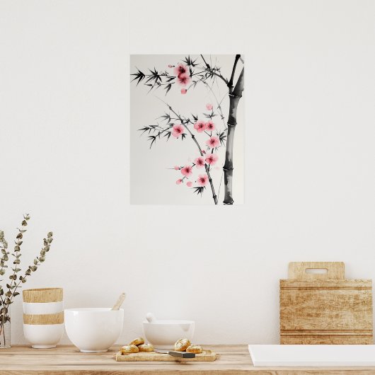 Schilderij van bamboe en kersenbloesems in wash poster (Keuken)