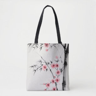 Schilderij van bamboe en kersenbloesems in wash tote bag