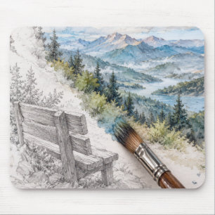 Schilderij van bankje met uitzicht op bergvallei muismat