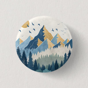 Schilderij van bergen met vogels in vlucht ronde button 3,2 cm