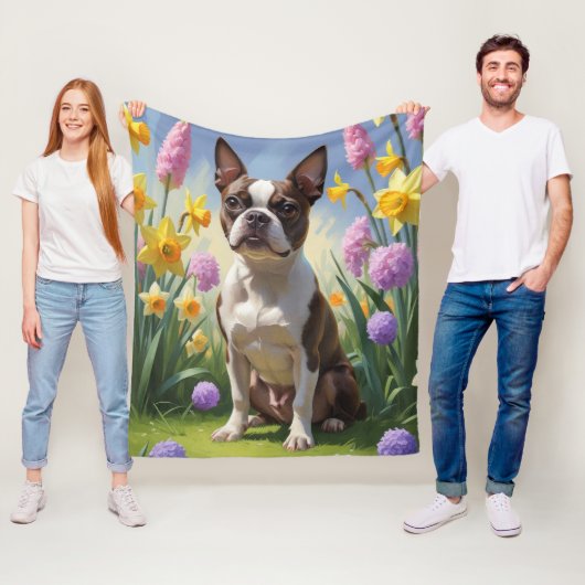 Schilderij van Boston Terrier-hond met lente bloem Fleece Deken (In situ)