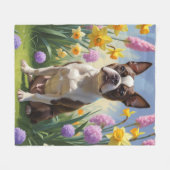 Schilderij van Boston Terrier-hond met lente bloem Fleece Deken (Voorkant (Horizontaal))