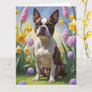 Schilderij van Boston Terrier-hond met lente bloem Kaart