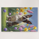 Schilderij van Boston Terrier-hond met lente bloem Legpuzzel (Horizontaal)