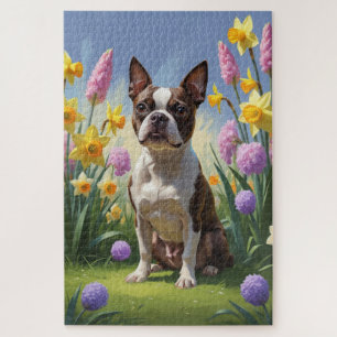 Schilderij van Boston Terrier-hond met lente bloem Legpuzzel