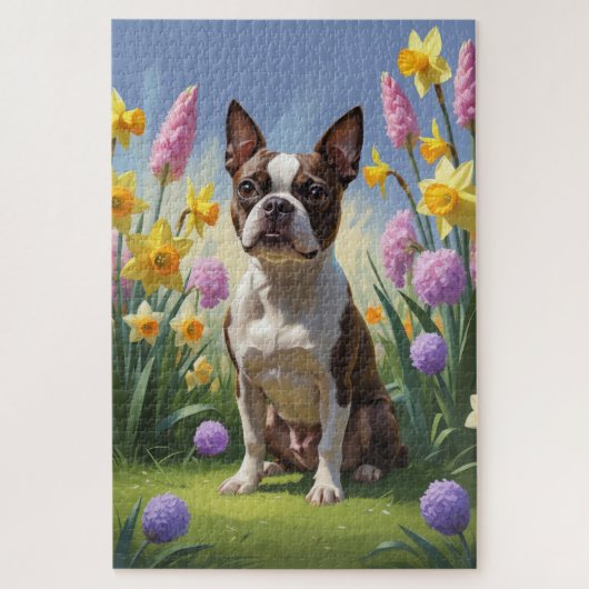 Schilderij van Boston Terrier-hond met lente bloem Legpuzzel (Verticaal)