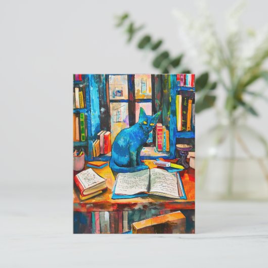 Schilderij van Cat Among Open Books Briefkaart (Staand voorkant)
