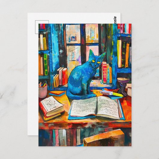 Schilderij van Cat Among Open Books Briefkaart (Voorkant / Achterkant)