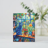 Schilderij van Cat op Garden House Windowsill Briefkaart (Staand voorkant)