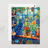 Schilderij van Cat op Garden House Windowsill Briefkaart (Voorkant / Achterkant)