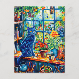 Schilderij van Cat op Garden House Windowsill Briefkaart