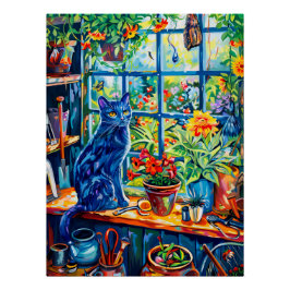 Schilderij van Cat op Garden House Windowsill Perfect Poster
