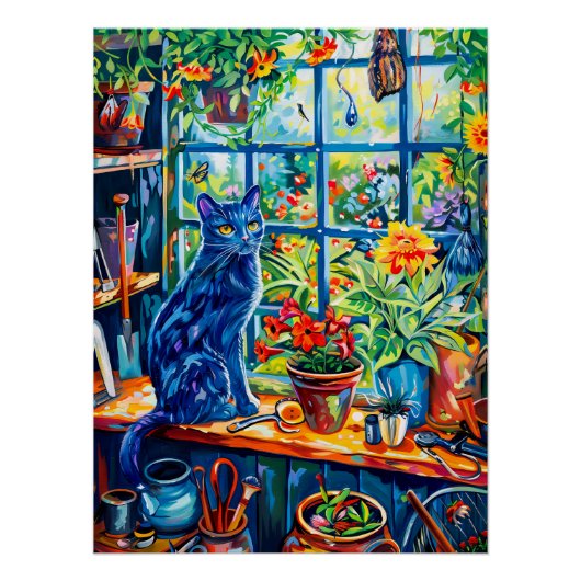 Schilderij van Cat op Garden House Windowsill Perfect Poster (Voorkant)