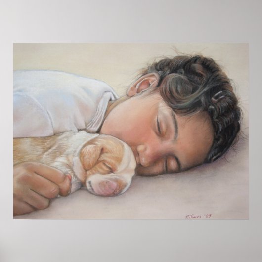 schilderij van de bellenpuppy and child realist poster (Voorkant)