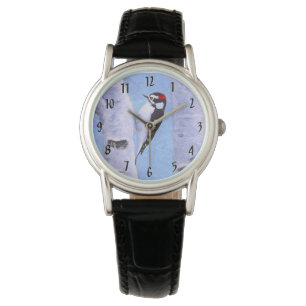 Schilderij van de donzige specht - originele vogel horloge