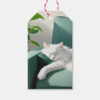 Schilderij van de kat slapen op een groene bank cadeaulabel