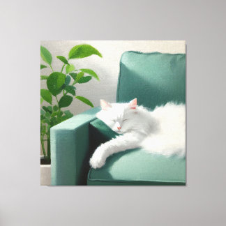 Schilderij van de kat slapen op een groene bank canvas afdruk