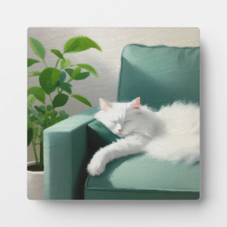 Schilderij van de kat slapen op een groene bank fotoplaat