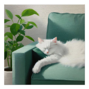 Schilderij van de kat slapen op een groene bank perfect poster