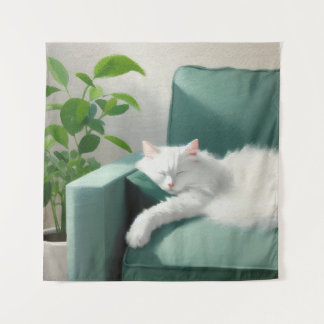Schilderij van de kat slapen op een groene bank wandkleed