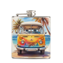 Schilderij van de  minibus op het strand heupfles