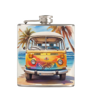 Schilderij van de minibus op het strand heupfles
