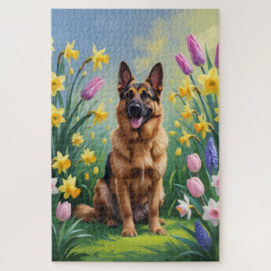 Schilderij van Duitse Herdershond en lente bloemen Legpuzzel