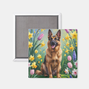 Schilderij van Duitse Herdershond en lente bloemen Magneet
