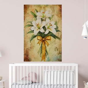 Schilderij van een boeket witte lelies met een gou poster