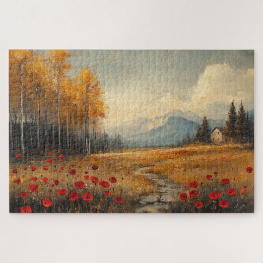 Schilderij van een herfstige weide met klaprozen i legpuzzel (Horizontaal)