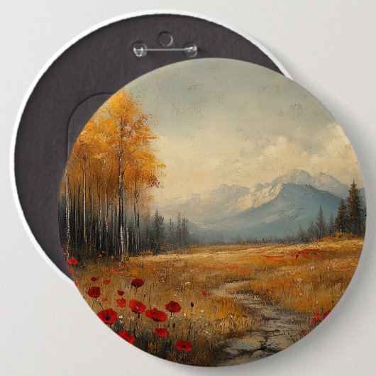 Schilderij van een herfstige weide met klaprozen i ronde button 6,0 cm (Voorkant /achterkant)