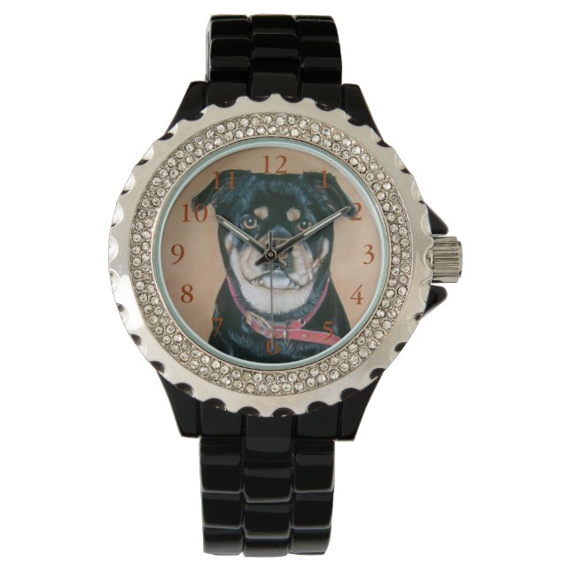 schilderij van een hond met een zwart en een tantj horloge (Voorkant)