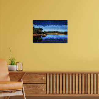 Schilderij van een kalm blauw meer in de lente poster