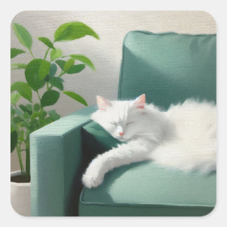 Schilderij van een kat die op een groene bank slaa vierkante sticker