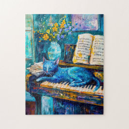 Schilderij van een kat die op een piano slaapt legpuzzel