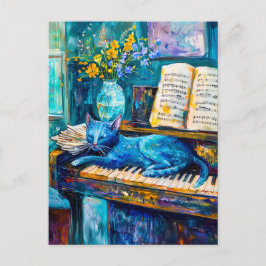 Schilderij van een kat die op piano slaapt briefkaart