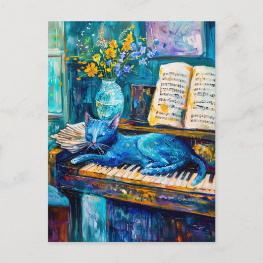 Schilderij van een kat die op piano slaapt briefkaart (Voorkant)