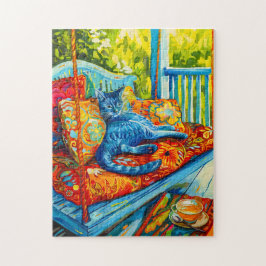 Schilderij van een kat die zichzelf verzorgt op ee legpuzzel