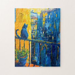 Schilderij van een kat op balkonhek die naar de st legpuzzel