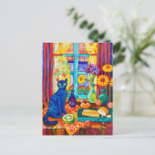 Schilderij van een kat op keukentafel bij raam briefkaart (Staand voorkant)