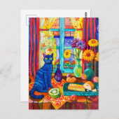 Schilderij van een kat op keukentafel bij raam briefkaart (Voorkant / Achterkant)