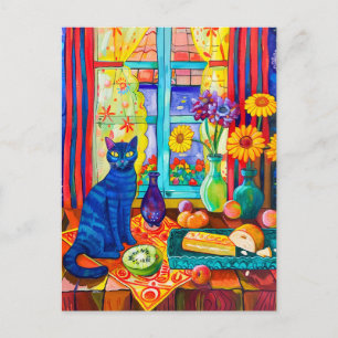Schilderij van een kat op keukentafel bij raam briefkaart