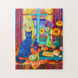 Schilderij van een kat op keukentafel bij raam legpuzzel