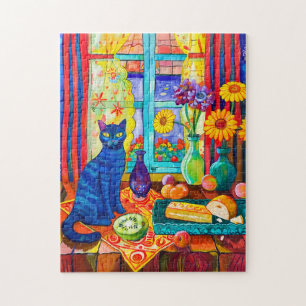 Schilderij van een kat op keukentafel bij raam legpuzzel