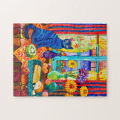 Schilderij van een kat op keukentafel door raam legpuzzel (Horizontaal)